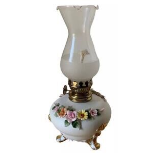 Lefton Hurricane Oil Lamp Pink Roses Porcelain KW4208 Flowers Boudoir Vtg